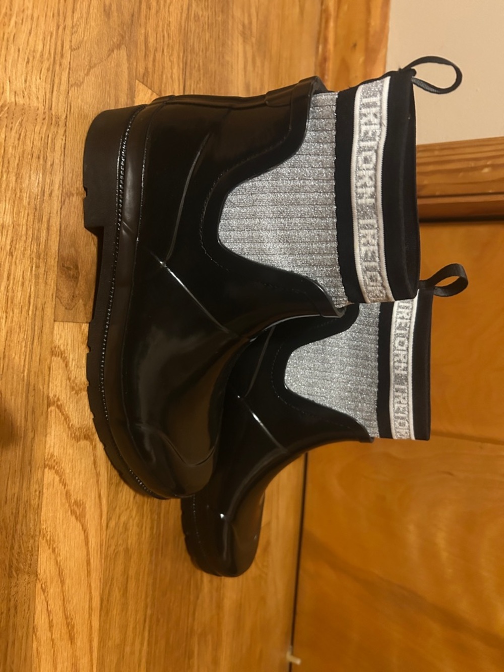 Tretorn Black Gloss Lia Rain Boots with Silver Knit Collar